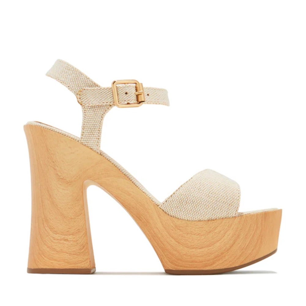 Neutral Canvas Platform Sandals with Wood-Effect Heel